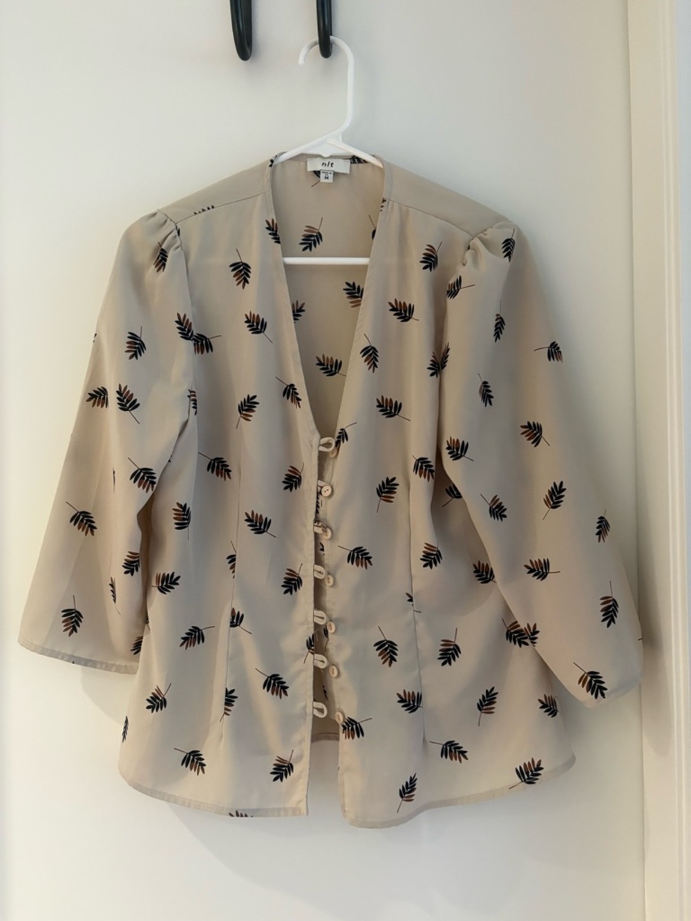 Beige Button-Front Leaf Print Blouse